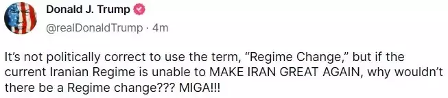 Trump post about Iran Regime Change - Make Iran Great Again MIGA Trump post about Iran Regime Change - Make Iran Great Again MIGA